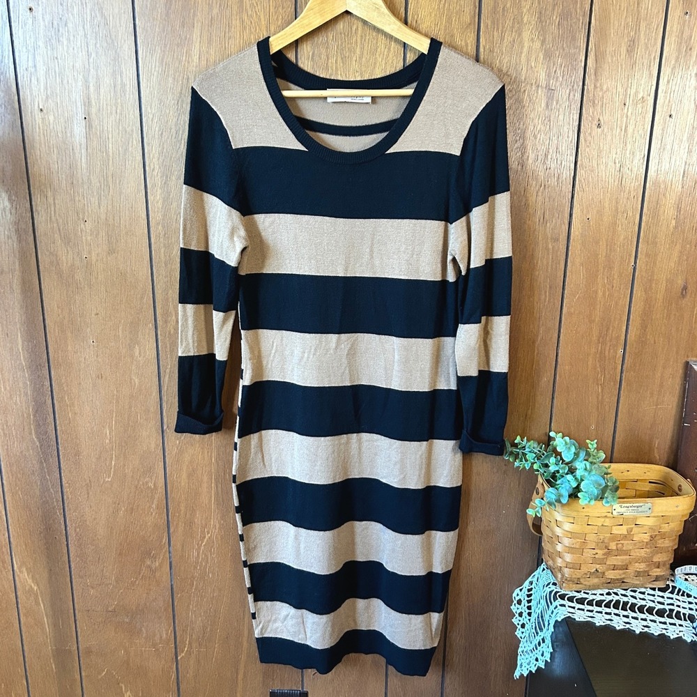 Philosophy Republic Clothing Women's Tan Black Stripe Long Sleeve Sweater‎ Dress